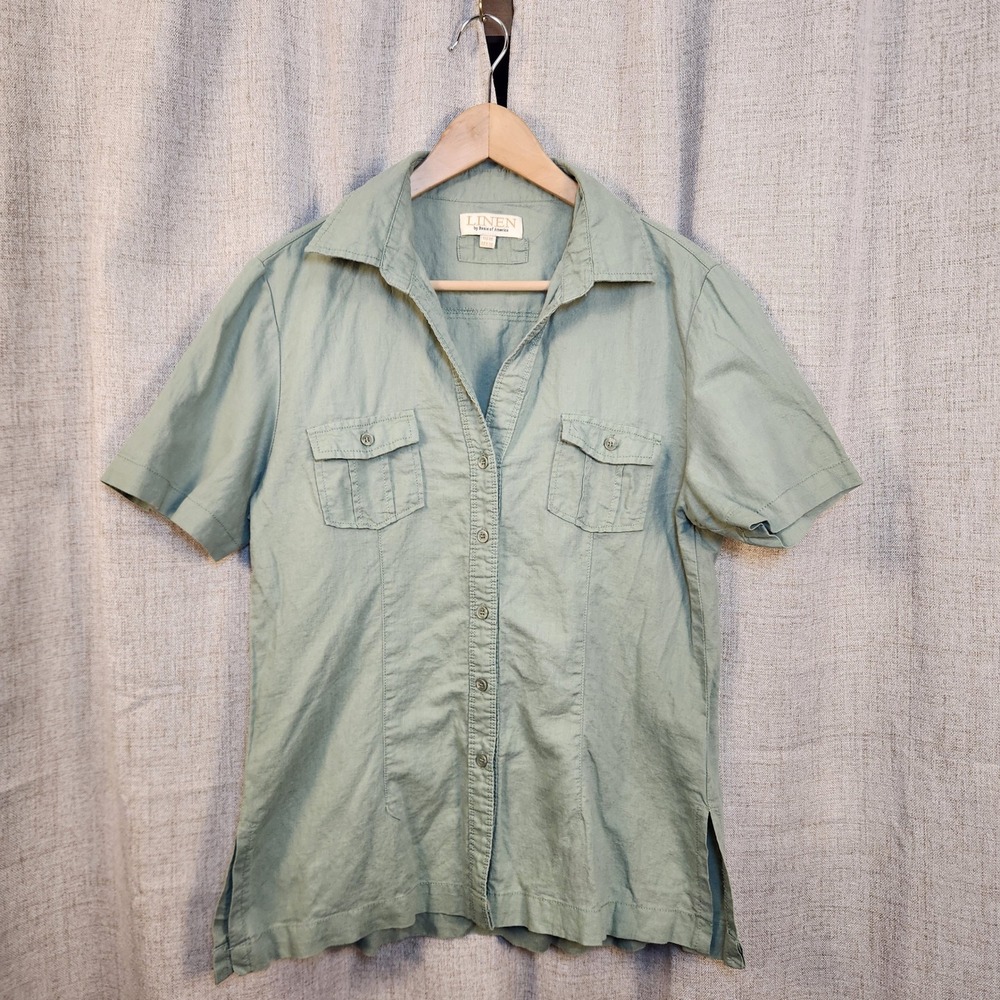 Basix Of America Button Up Blouse Women's M Sage Green‎ Linen Blend Short Sleeve